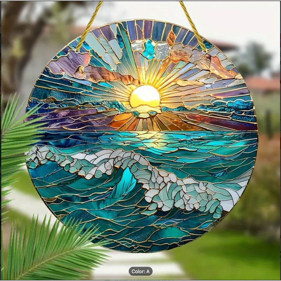 Ocean Beach Lake Sunset Stained Glass Look Suncatcher - 8"x8" Great Gift - Picture 3 of 6
